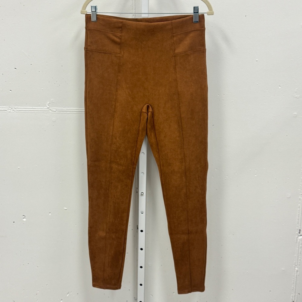 Spanx Faux Suede Leggings Camel Tan Brown High Rise Large Pull On Stretch Soft